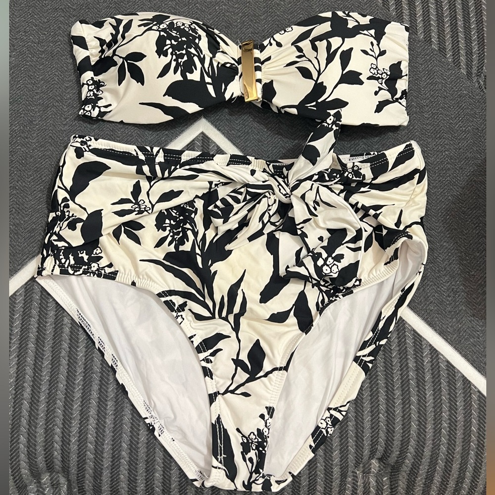 Black and white bandeau high waisted bikini